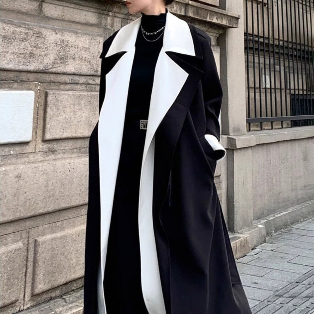 Black & White Contrast Long Trench Coat - Oversized Lapel